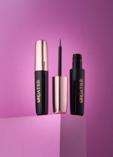 Mascara and eyeliner on pink backdrop – cosmetics product photography