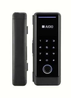 Black smart door lock with keypad – product photography
