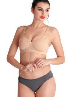 Model in nude t-shirt bra and grey briefs – lingerie ecommerce photography