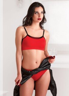 Model in red bralette and black shorts – lingerie photography