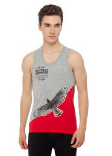 Male model in grey printed vest – innerwear ecommerce photography